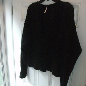 Free People V Neck Long Sleeve Cotton Nubby Knit Pullover Black Sweater size S